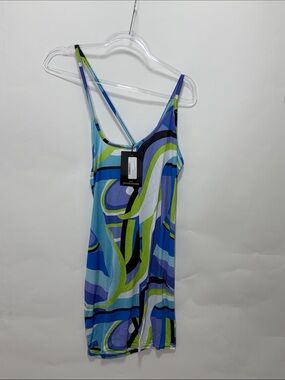 Blue Abstract Print Slinky Asymmetric Strap Detail Bodycon